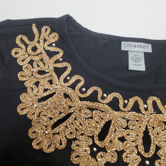 Catherine's Black Gold Embellished Trim Top  Holiday Party Women's Plus Size 2X - Picture 3 of 14